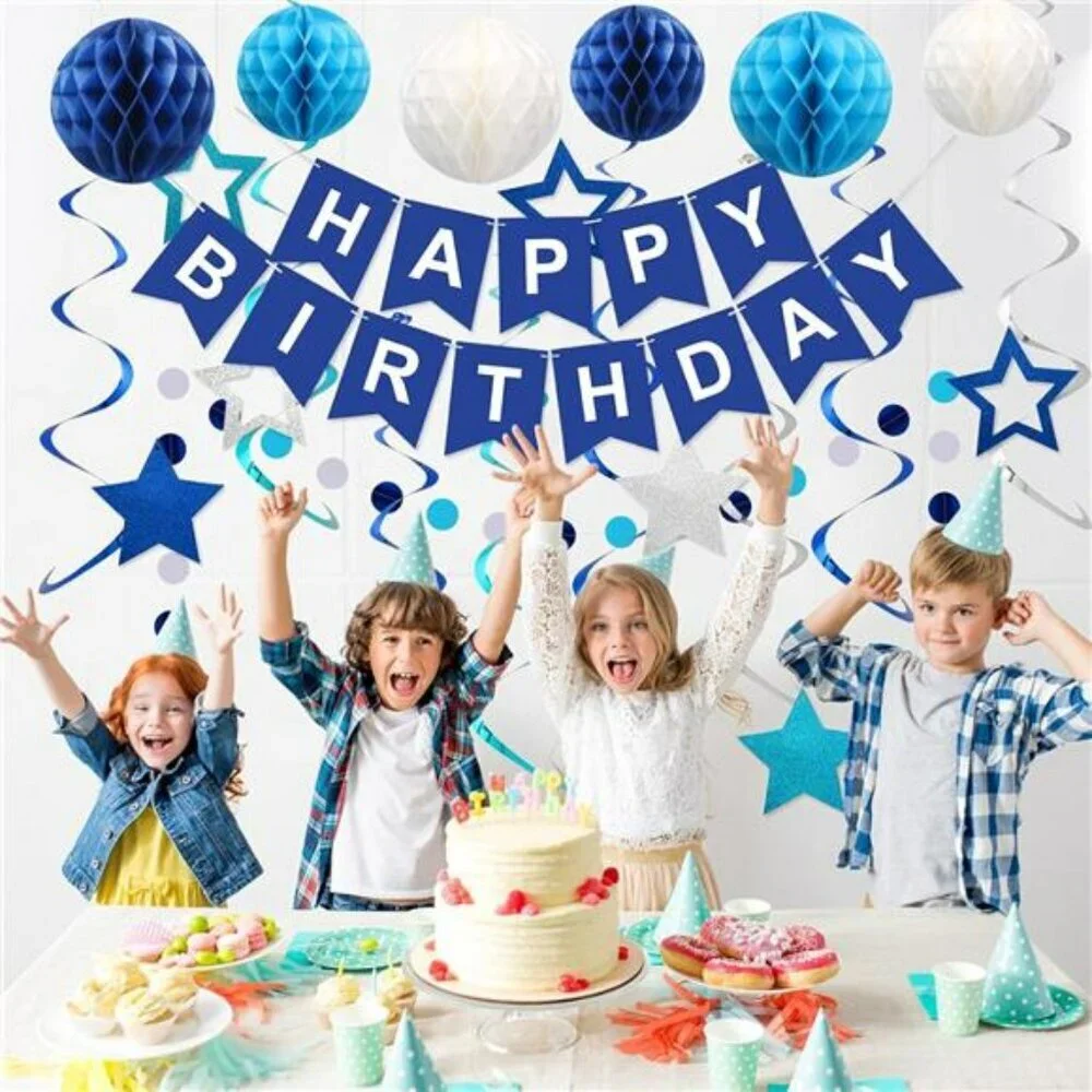 Blue Happy Birthday Party Decorations Set Banner Swirls Garland for Kids Adults
